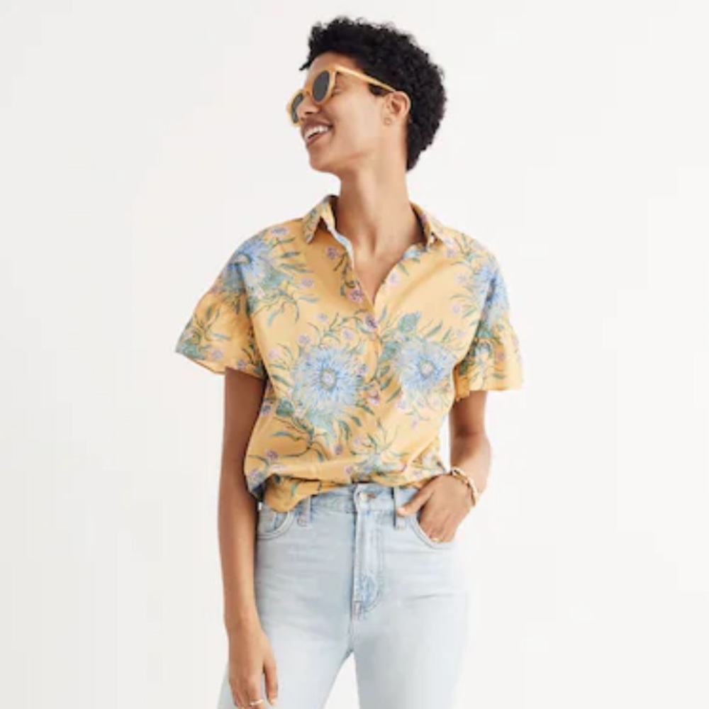 Madewell Ruffle-Sleeve Button-Down Shirt in Painted Blooms